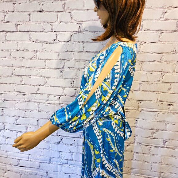 NIKKI POULOS, Turquoise/lime green print cold shoulder maxi Hydra dress - Picture 10 of 15